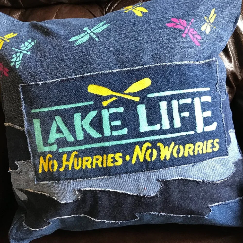 Lake House Pillow Cover 18 x 18, Lake Life Theme Cabin Decor Waves Dragonflies
